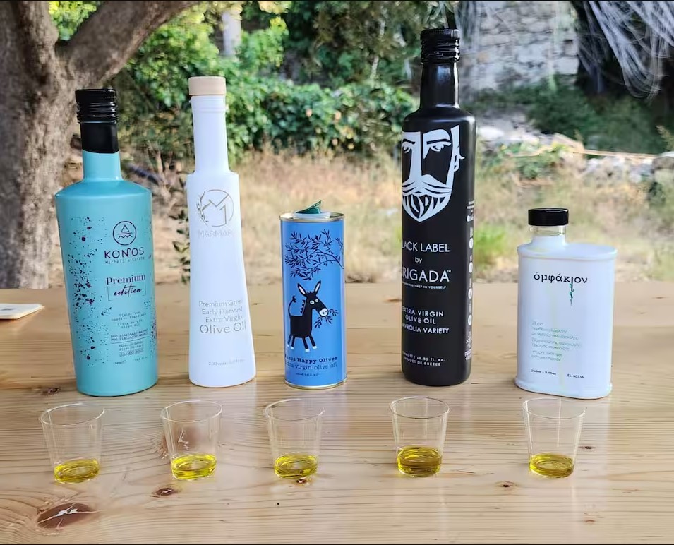 Our olive oil lineup with tasting glasses